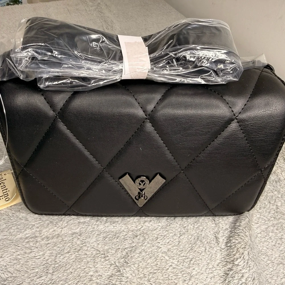 Valentino Orlandi Quilted Crossbody Bag Black Vegan Leather Gunmetal NWT